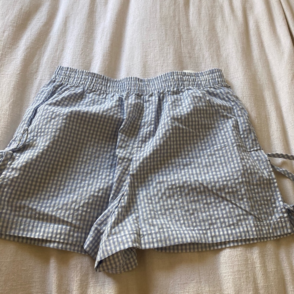 Light Blue and White Gingham / stripe Lounge Shorts Set - Picture 3 of 7